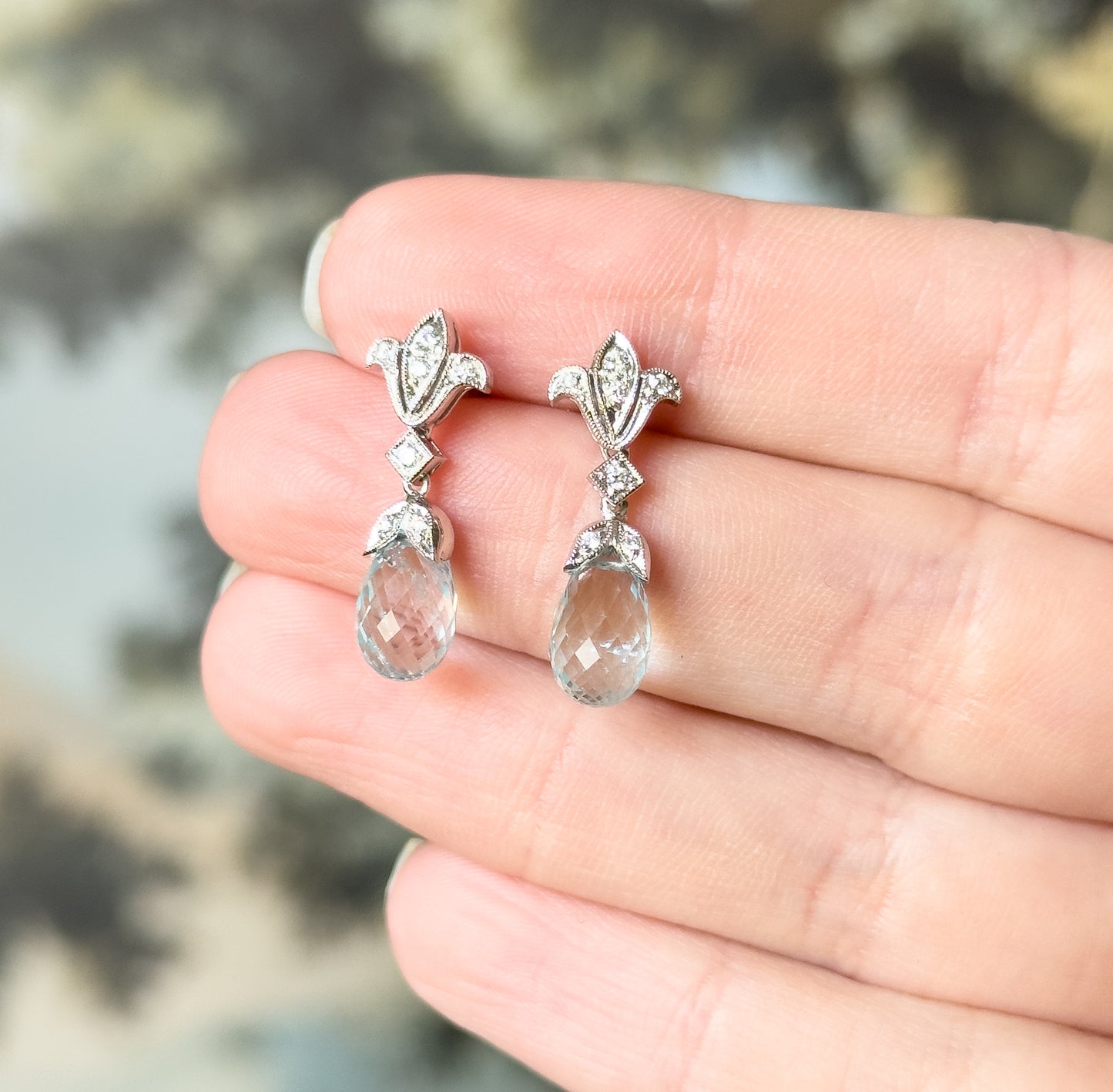 Aquamarine Briolette & Diamond Drop Earrings in 14K White Gold