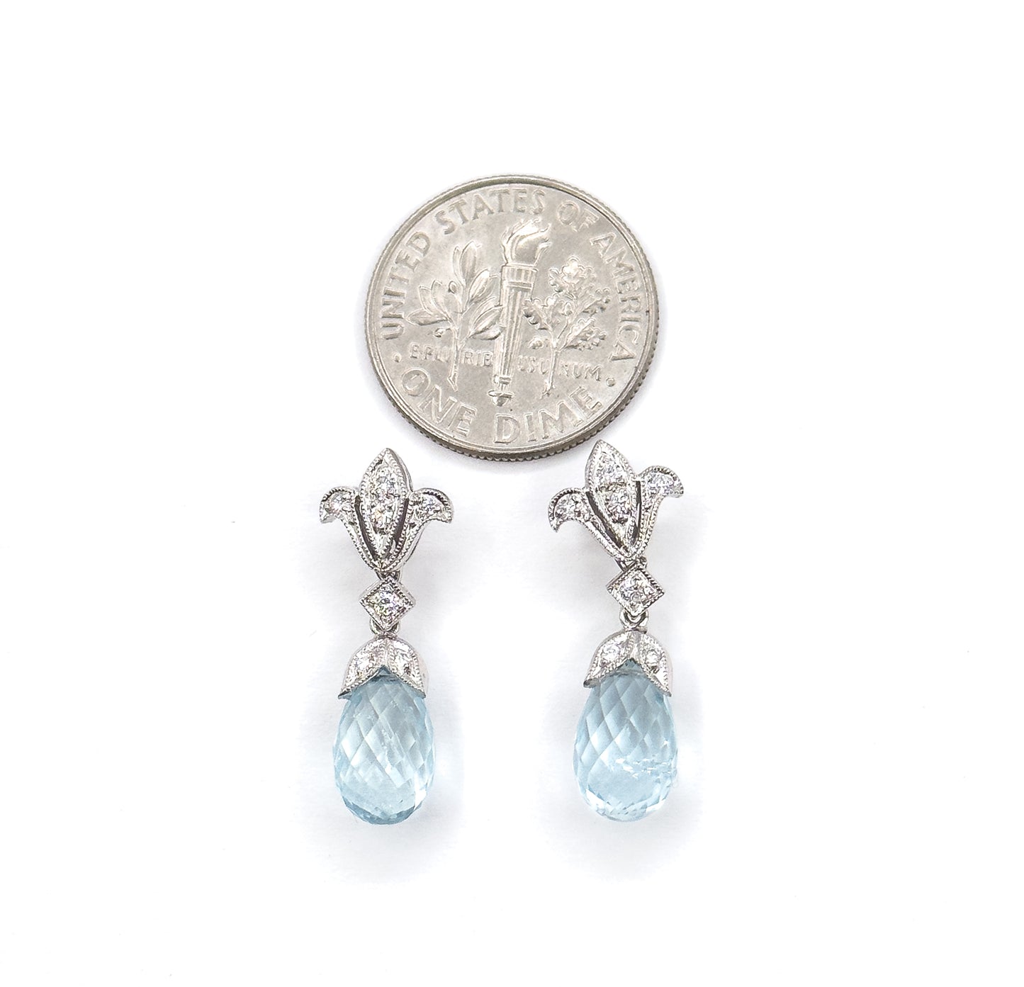Aquamarine Briolette & Diamond Drop Earrings in 14K White Gold