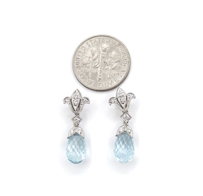 Aquamarine Briolette & Diamond Drop Earrings in 14K White Gold