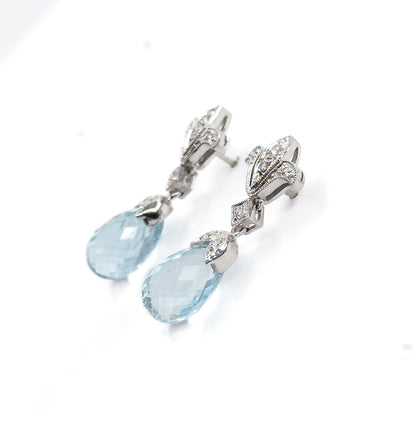 Aquamarine Briolette & Diamond Drop Earrings in 14K White Gold
