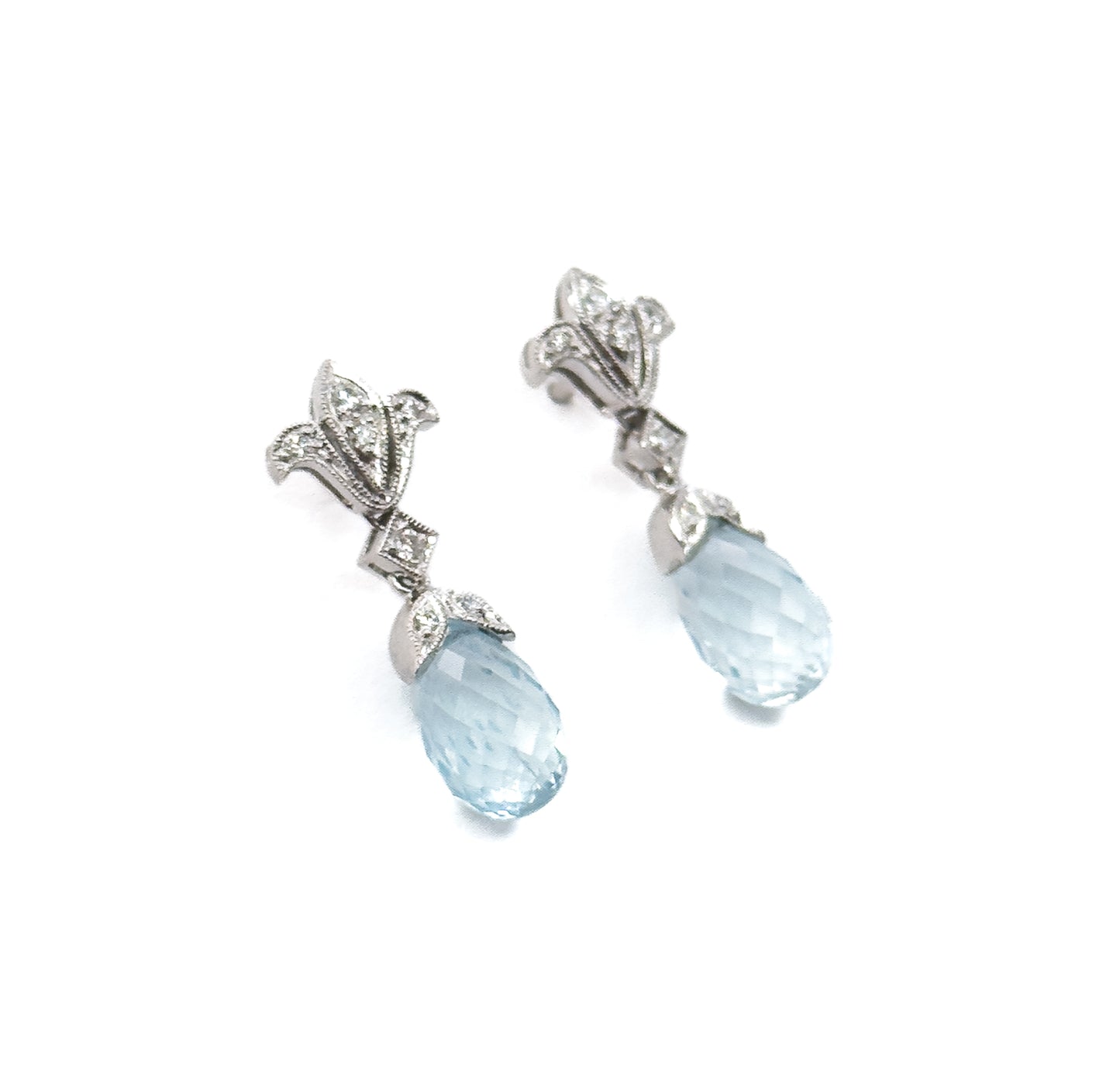 Aquamarine Briolette & Diamond Drop Earrings in 14K White Gold