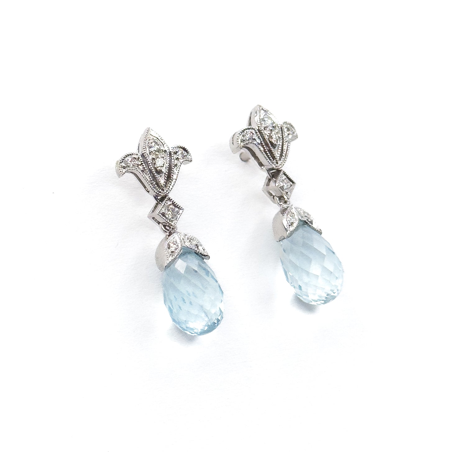 Aquamarine Briolette & Diamond Drop Earrings in 14K White Gold