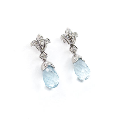 Aquamarine Briolette & Diamond Drop Earrings in 14K White Gold