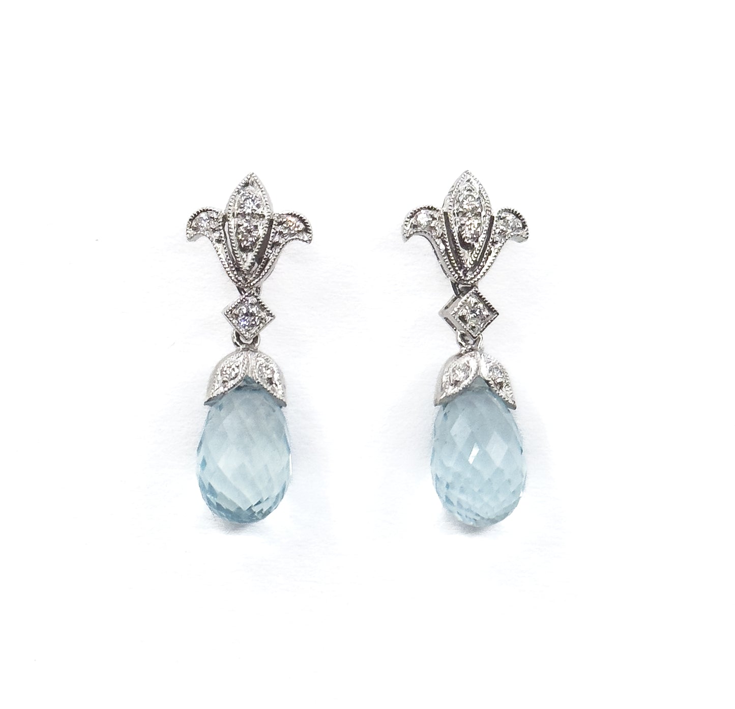 Aquamarine Briolette & Diamond Drop Earrings in 14K White Gold