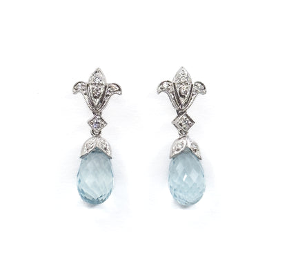 Aquamarine Briolette & Diamond Drop Earrings in 14K White Gold