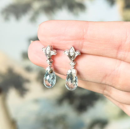 Aquamarine Briolette & Diamond Drop Earrings in 14K White Gold