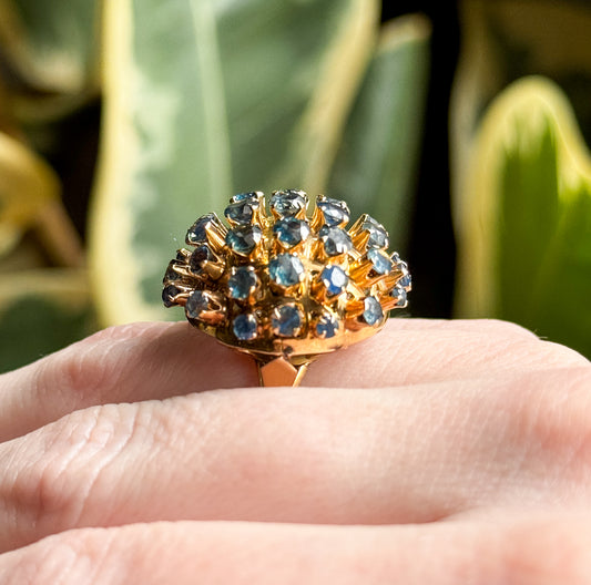 Vintage Mid-century Sapphire Sputnik Cocktail Ring in 14K Yellow Gold