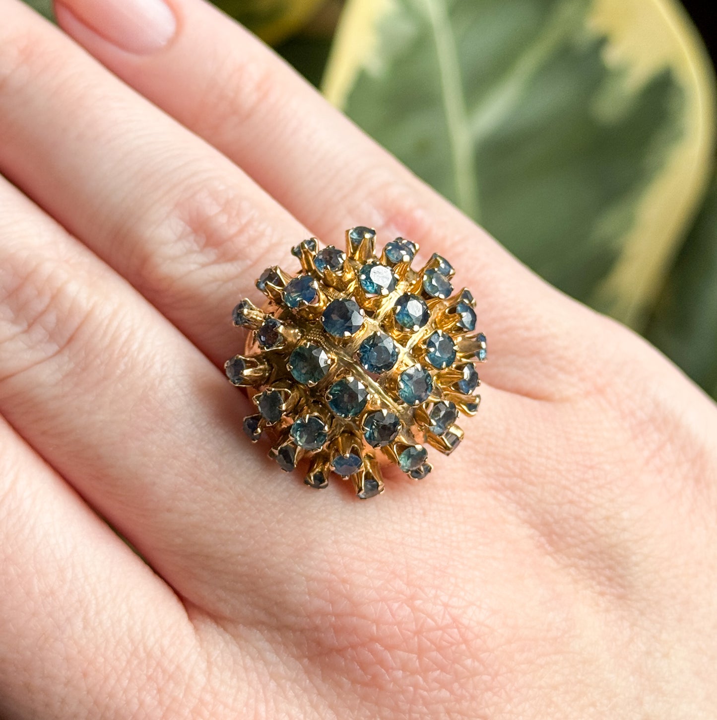 Vintage Mid-century Sapphire Sputnik Cocktail Ring in 14K Yellow Gold