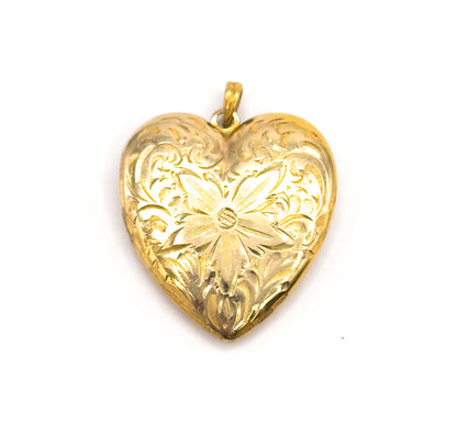 Mid-Century Engraved Floral Heart Locket in 10K Yellow Gold