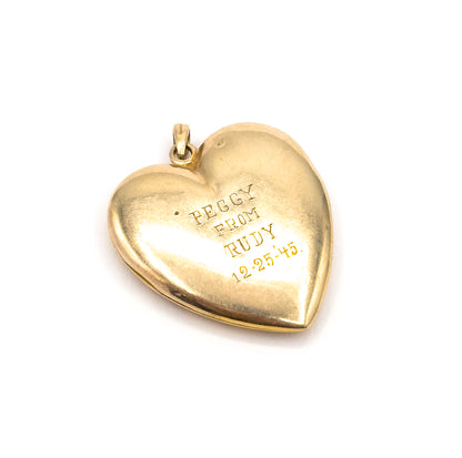 Mid-Century Engraved Floral Heart Locket in 10K Yellow Gold