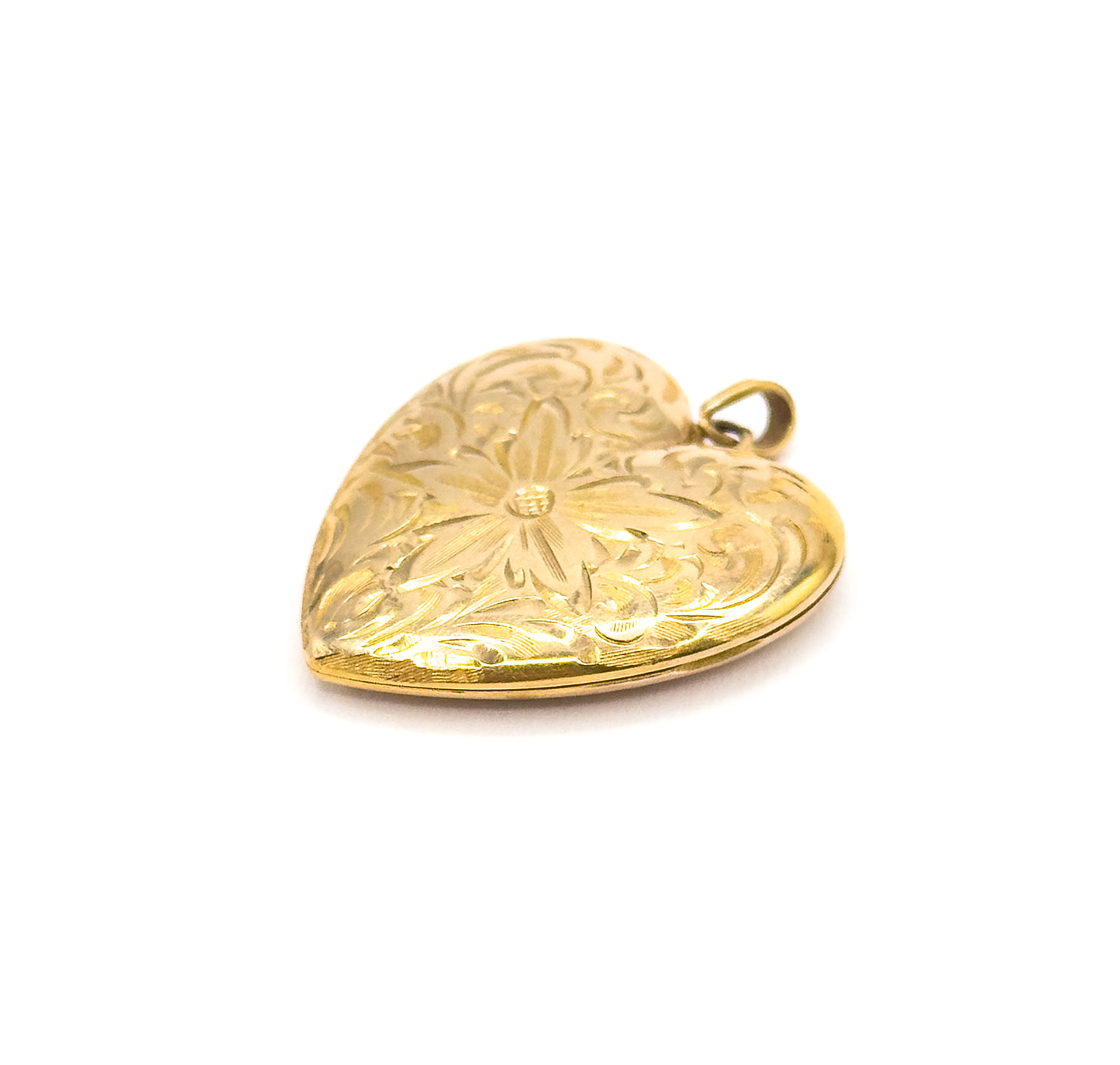 Mid-Century Engraved Floral Heart Locket in 10K Yellow Gold