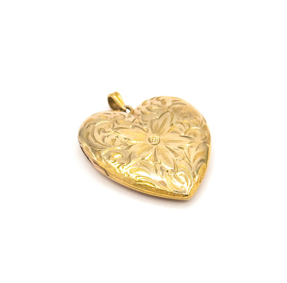 Mid-Century Engraved Floral Heart Locket in 10K Yellow Gold
