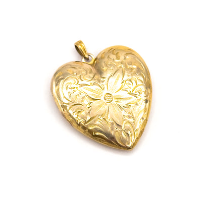 Mid-Century Engraved Floral Heart Locket in 10K Yellow Gold