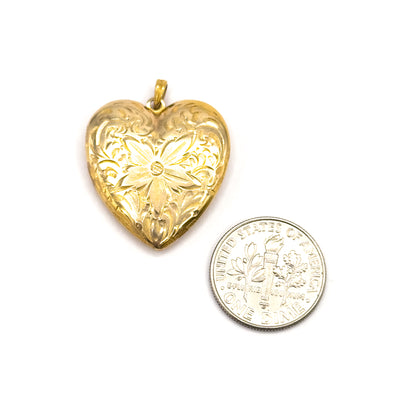 Mid-Century Engraved Floral Heart Locket in 10K Yellow Gold