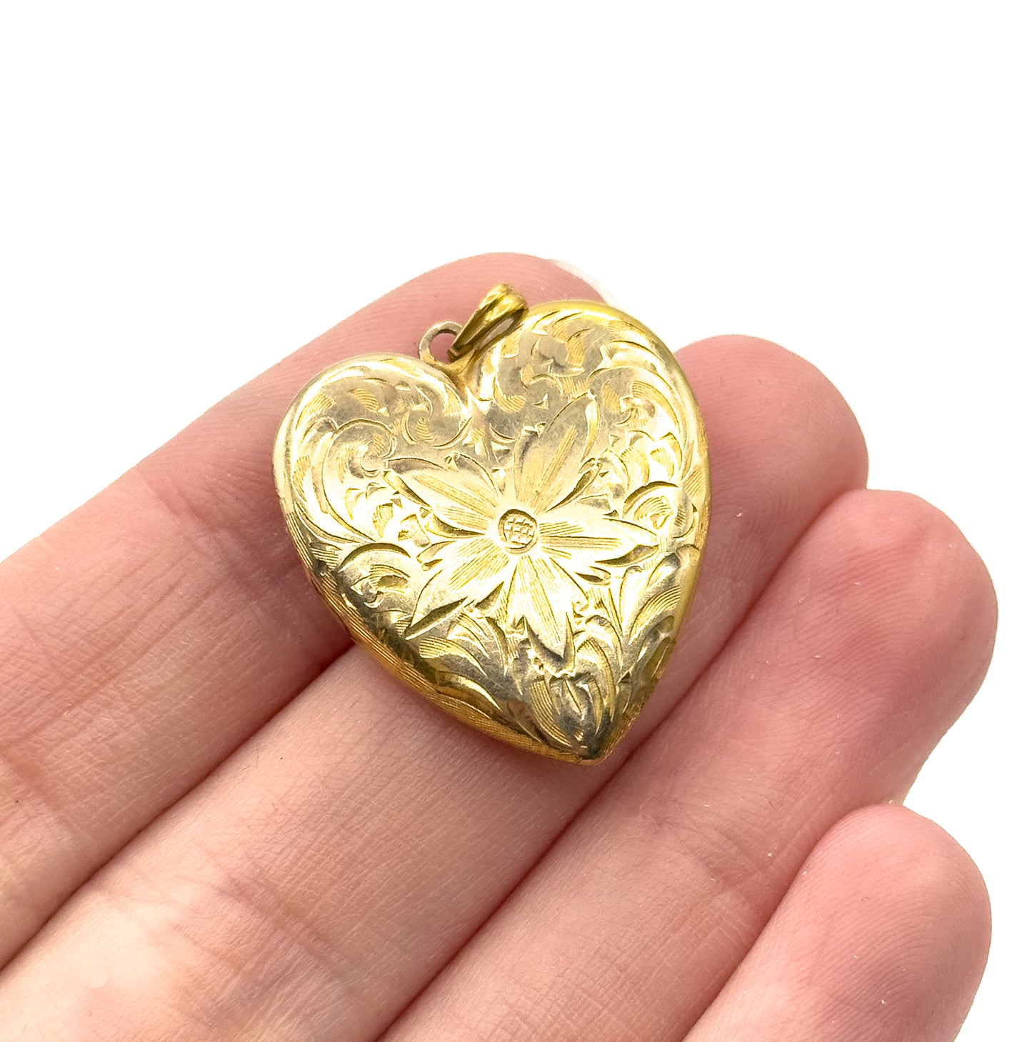 Mid-Century Engraved Floral Heart Locket in 10K Yellow Gold