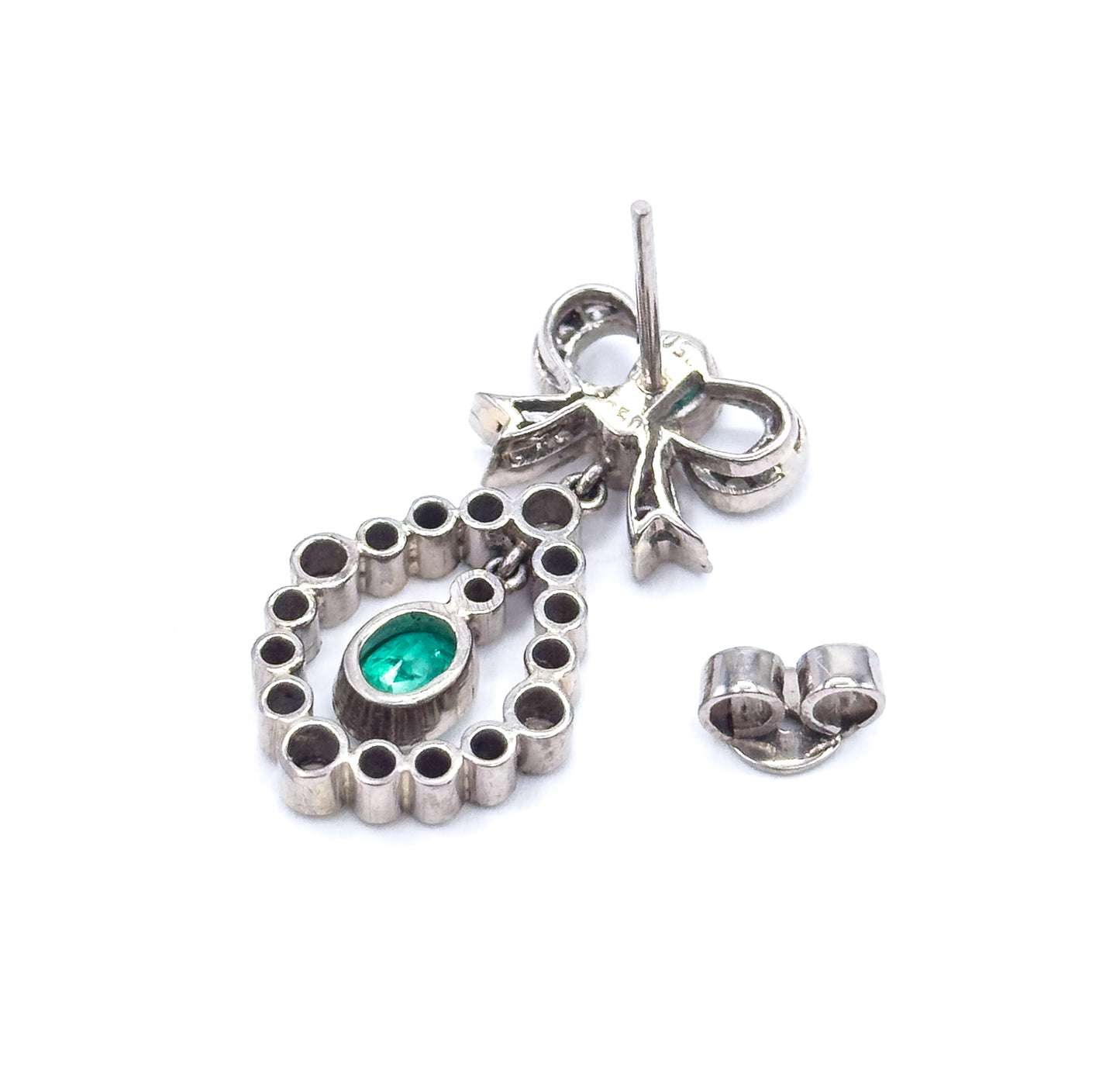 Vintage Emerald & Diamond Bow Drop Earrings in 18K White Gold