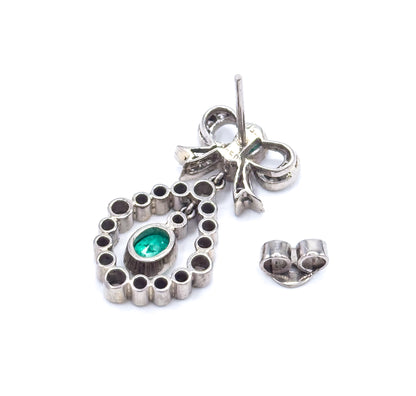 Vintage Emerald & Diamond Bow Drop Earrings in 18K White Gold
