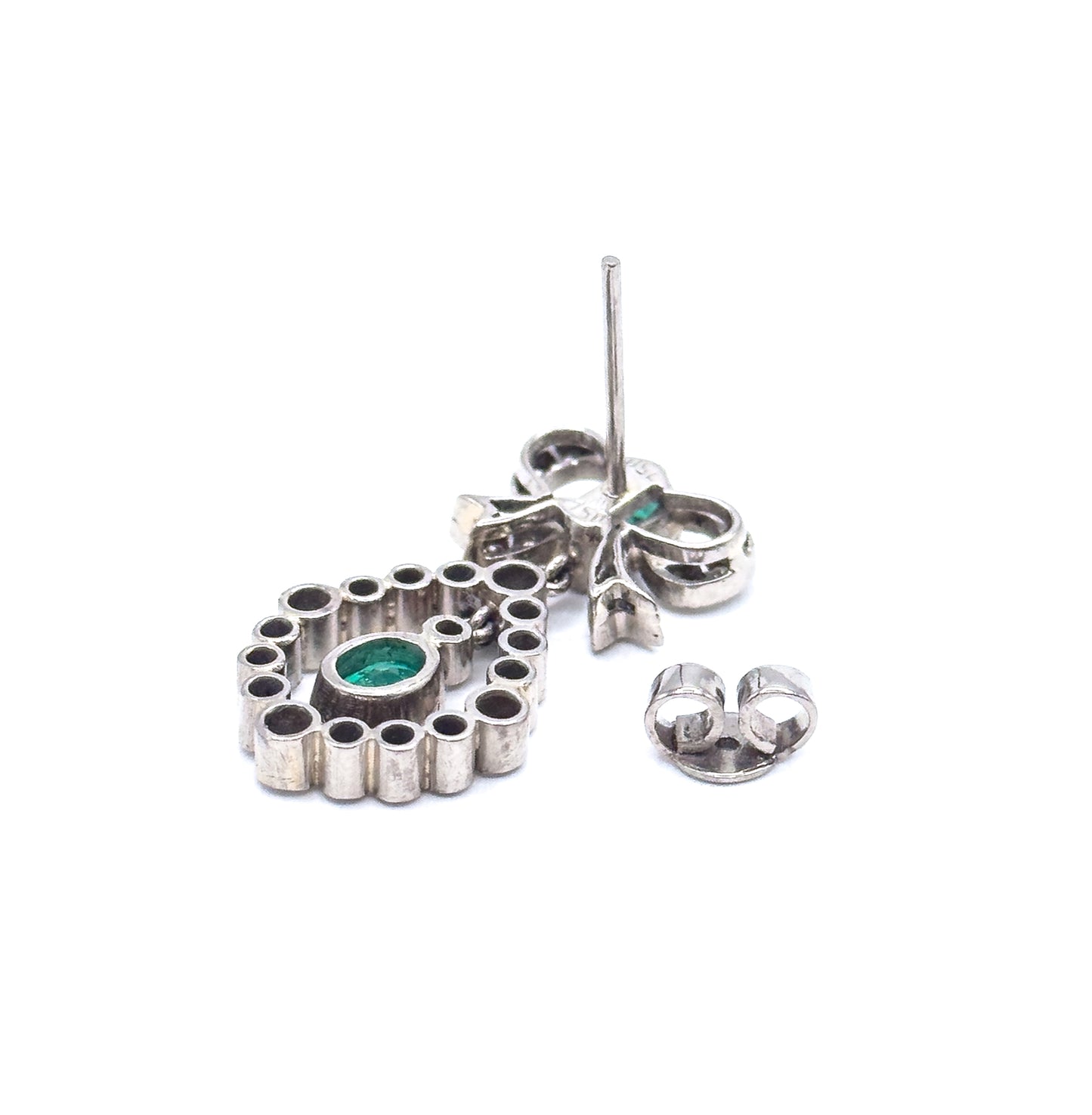 Vintage Emerald & Diamond Bow Drop Earrings in 18K White Gold