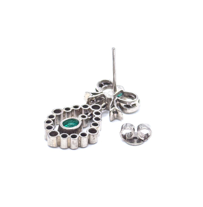 Vintage Emerald & Diamond Bow Drop Earrings in 18K White Gold