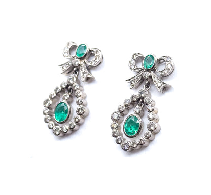 Vintage Emerald & Diamond Bow Drop Earrings in 18K White Gold
