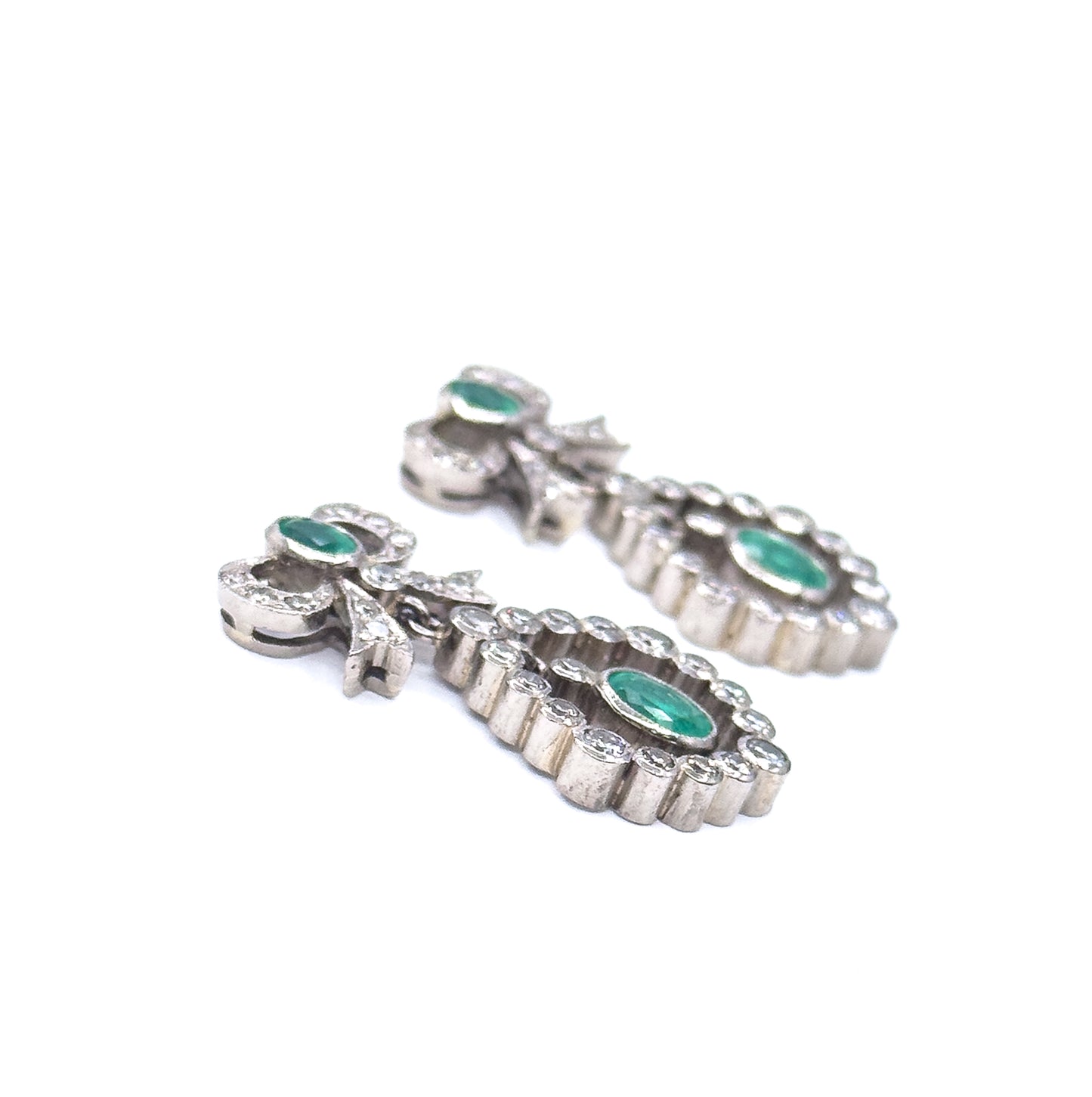 Vintage Emerald & Diamond Bow Drop Earrings in 18K White Gold