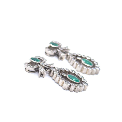 Vintage Emerald & Diamond Bow Drop Earrings in 18K White Gold