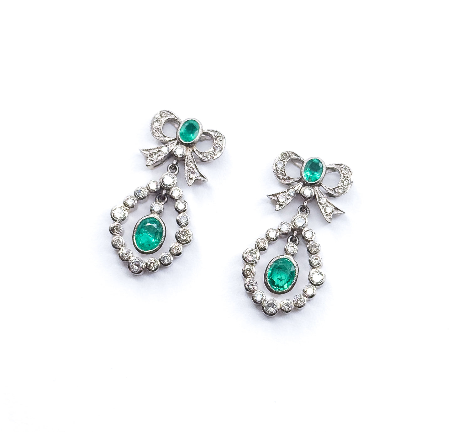 Vintage Emerald & Diamond Bow Drop Earrings in 18K White Gold