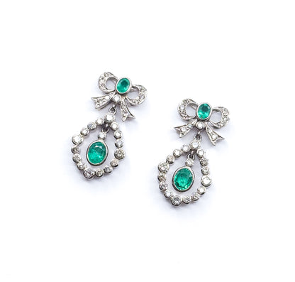Vintage Emerald & Diamond Bow Drop Earrings in 18K White Gold