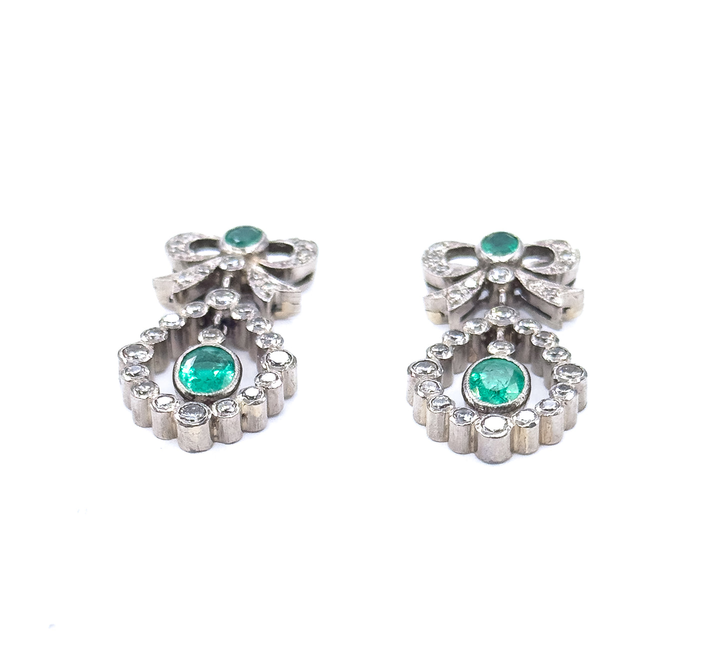 Vintage Emerald & Diamond Bow Drop Earrings in 18K White Gold