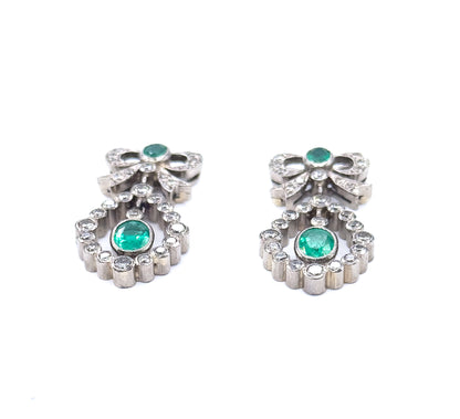 Vintage Emerald & Diamond Bow Drop Earrings in 18K White Gold
