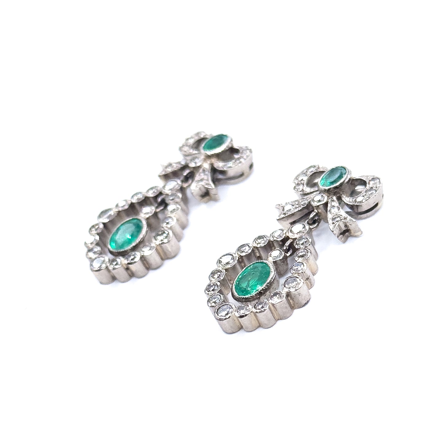Vintage Emerald & Diamond Bow Drop Earrings in 18K White Gold