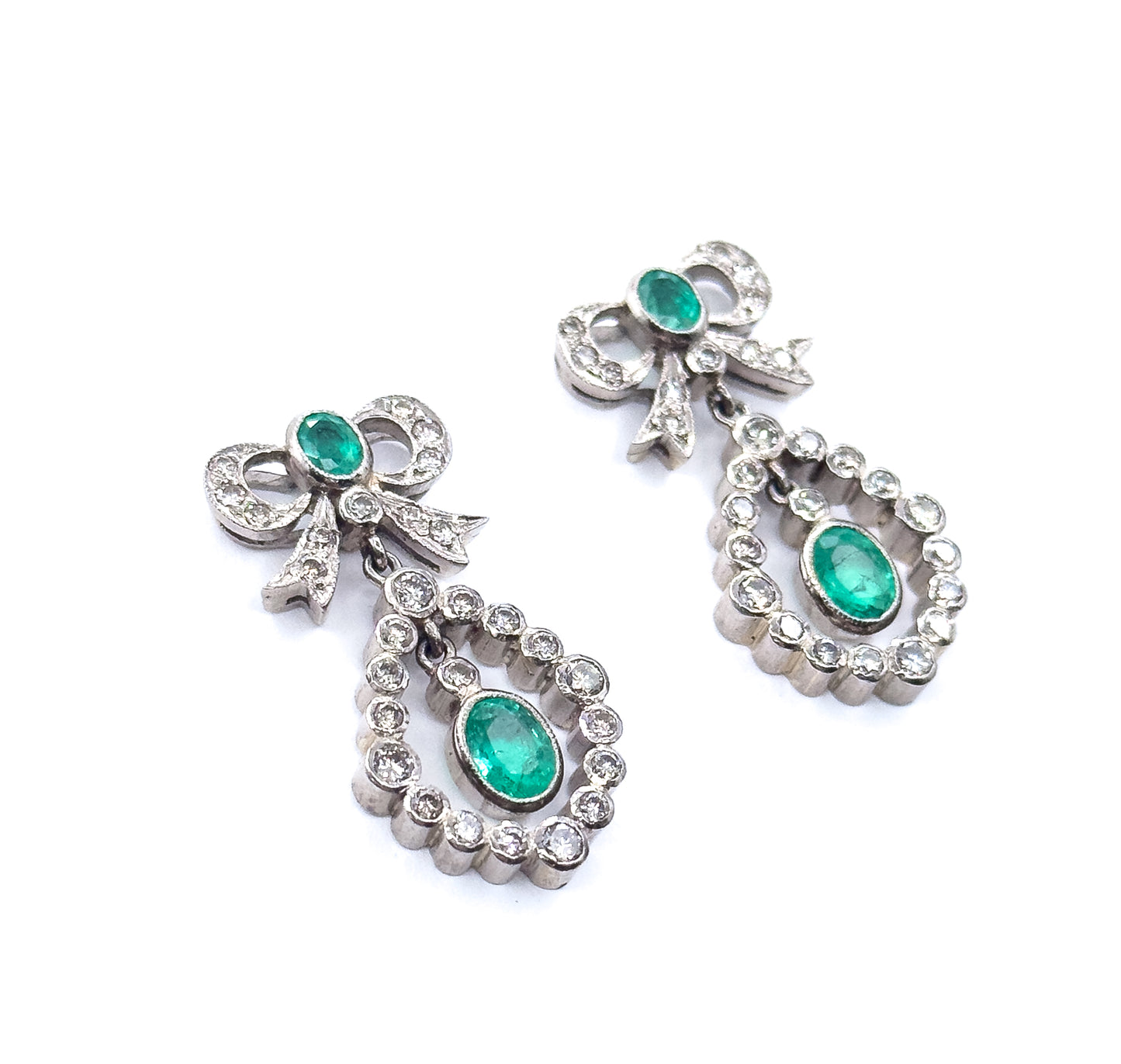 Vintage Emerald & Diamond Bow Drop Earrings in 18K White Gold