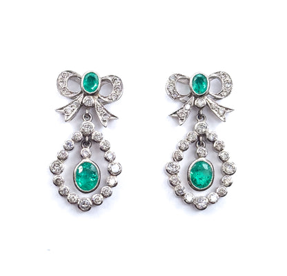 Vintage Emerald & Diamond Bow Drop Earrings in 18K White Gold
