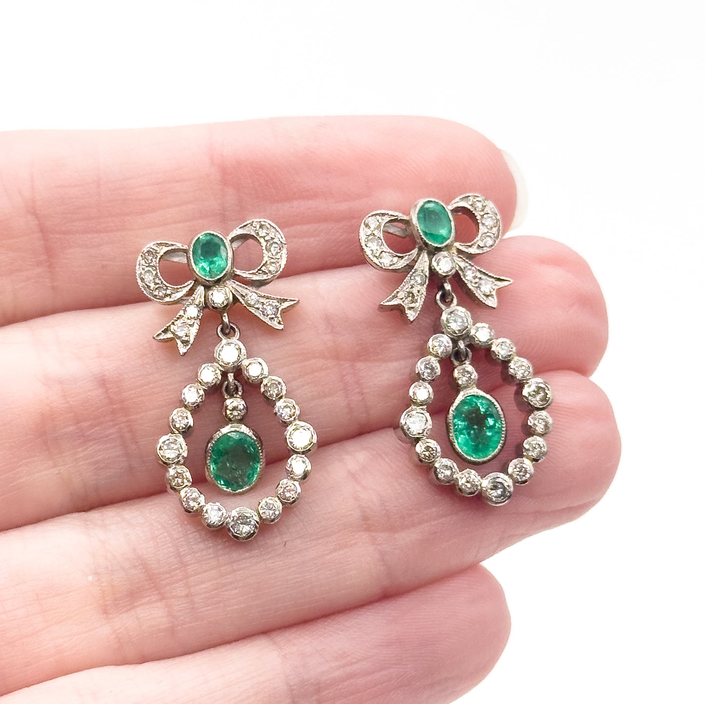 Vintage Emerald & Diamond Bow Drop Earrings in 18K White Gold