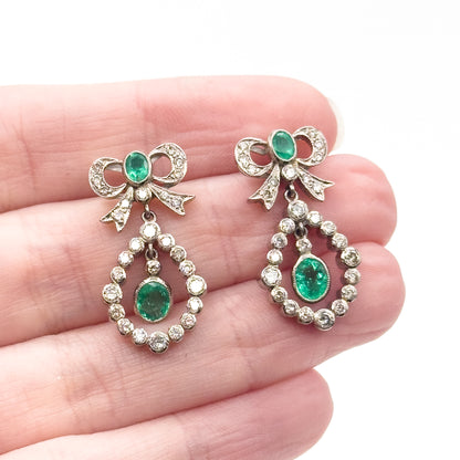 Vintage Emerald & Diamond Bow Drop Earrings in 18K White Gold