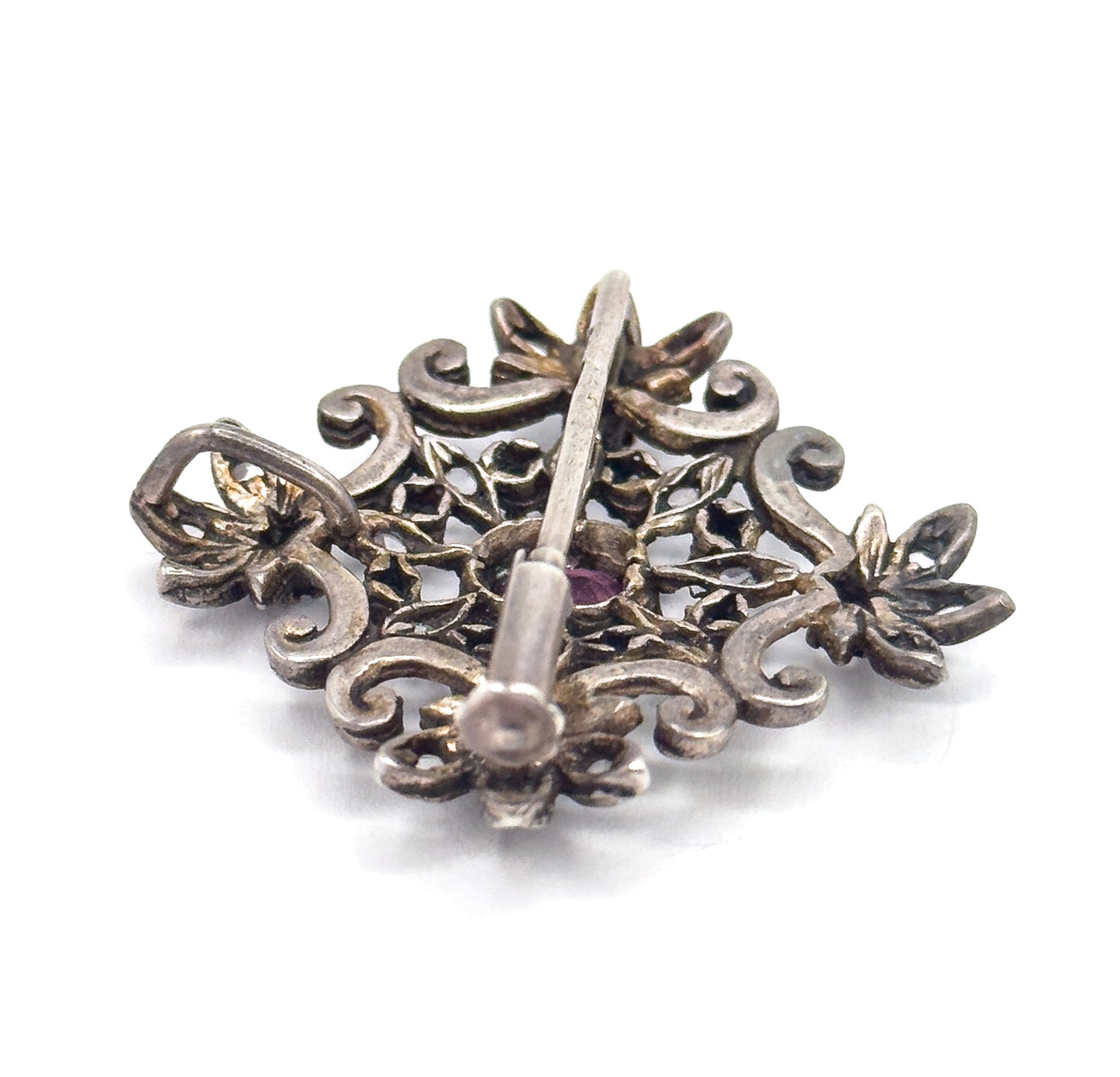 Edwardian Purple Paste & Rose Topaz Brooch Pendant in Sterling Silver