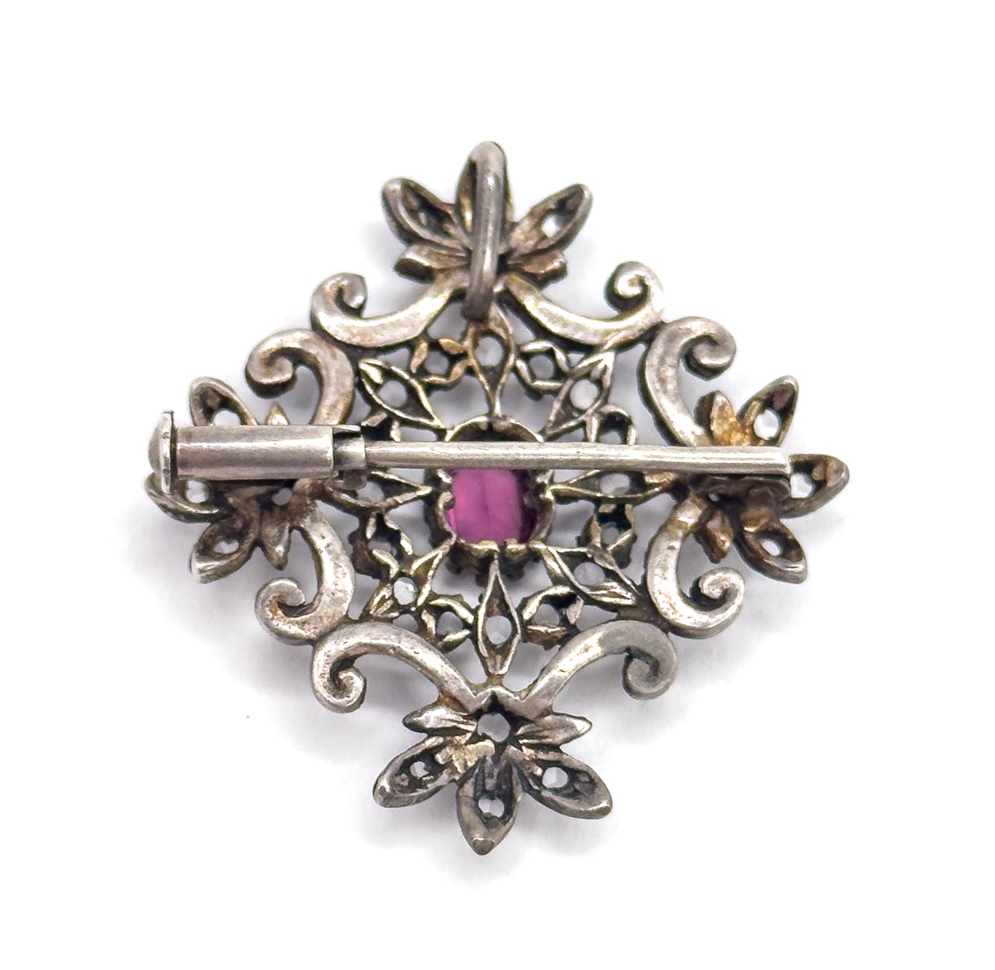 Edwardian Purple Paste & Rose Topaz Brooch Pendant in Sterling Silver