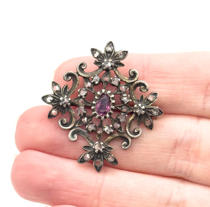 Edwardian Purple Paste & Rose Topaz Brooch Pendant in Sterling Silver