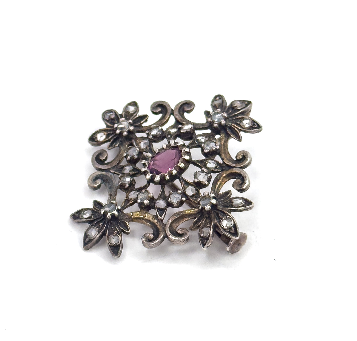 Edwardian Purple Paste & Rose Topaz Brooch Pendant in Sterling Silver