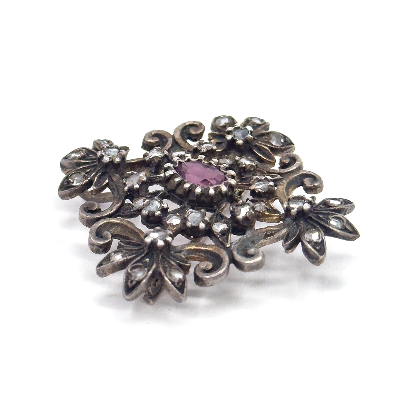 Edwardian Purple Paste & Rose Topaz Brooch Pendant in Sterling Silver