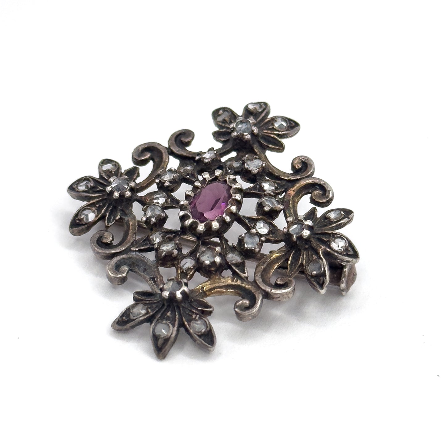 Edwardian Purple Paste & Rose Topaz Brooch Pendant in Sterling Silver