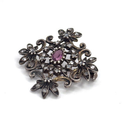 Edwardian Purple Paste & Rose Topaz Brooch Pendant in Sterling Silver