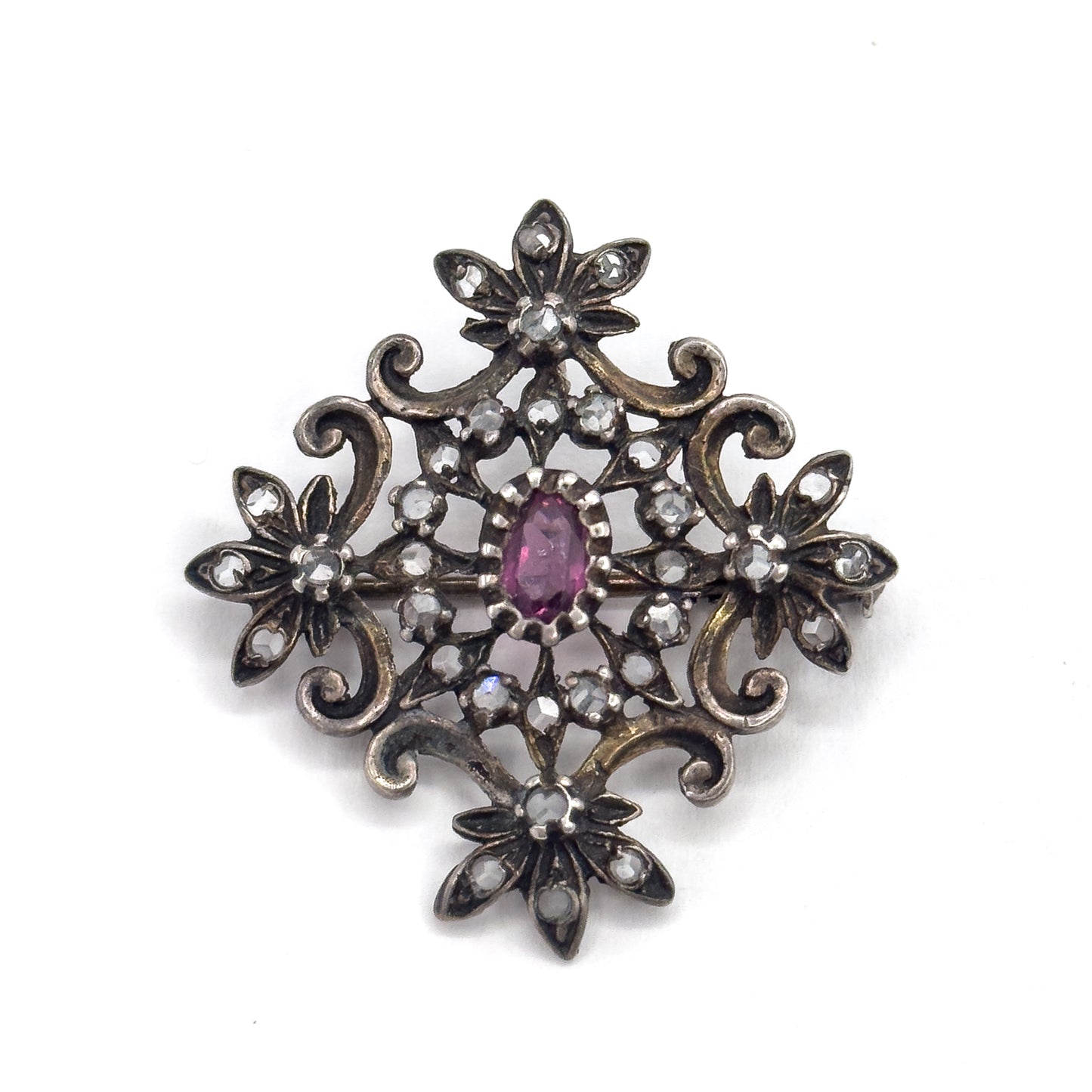 Edwardian Purple Paste & Rose Topaz Brooch Pendant in Sterling Silver