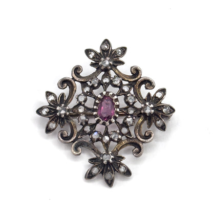 Edwardian Purple Paste & Rose Topaz Brooch Pendant in Sterling Silver