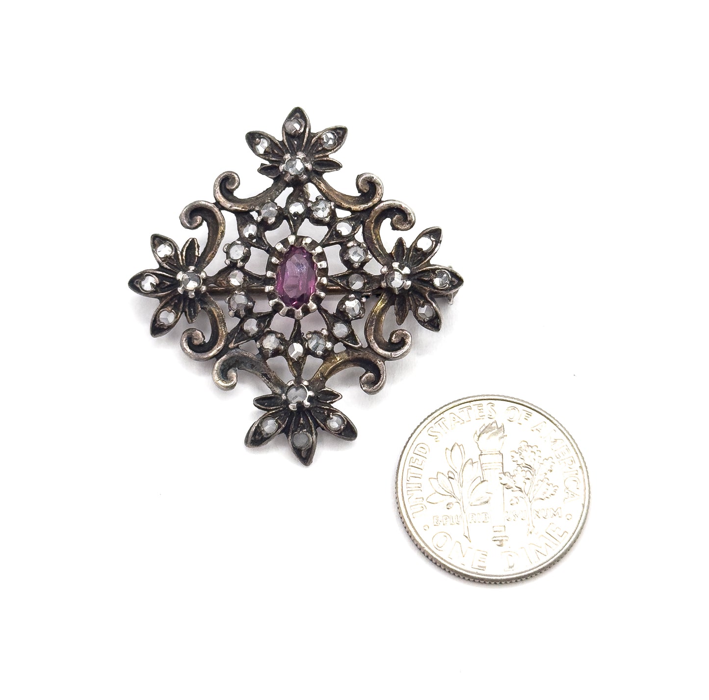 Edwardian Purple Paste & Rose Topaz Brooch Pendant in Sterling Silver