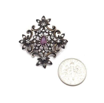 Edwardian Purple Paste & Rose Topaz Brooch Pendant in Sterling Silver