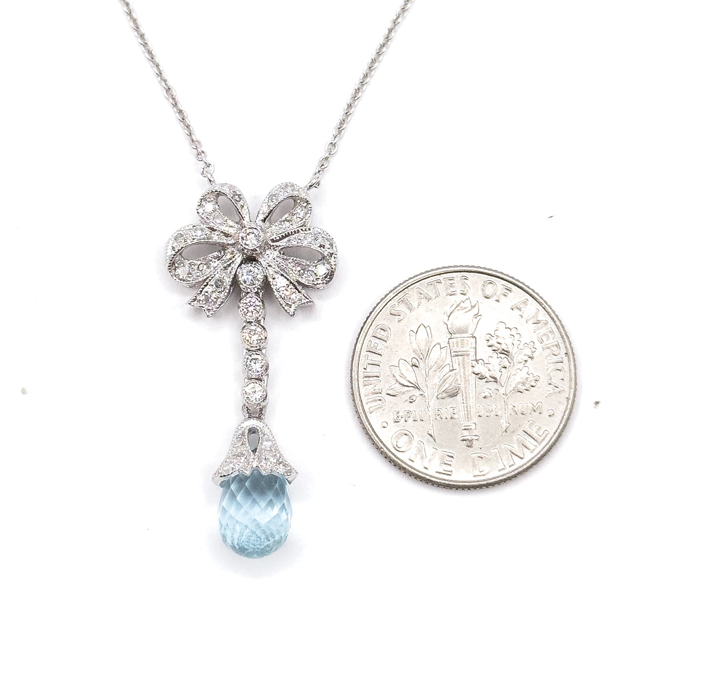 Aquamarine Briolette & Diamond Bow Necklace in 14K White Gold