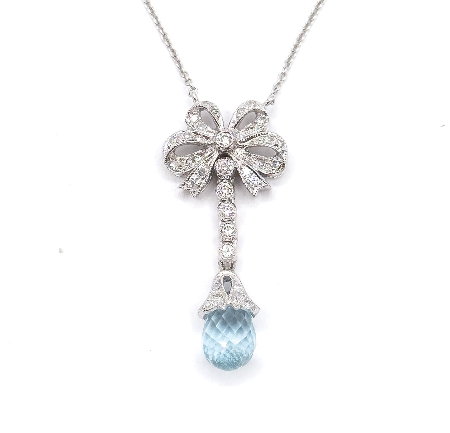 Aquamarine Briolette & Diamond Bow Necklace in 14K White Gold