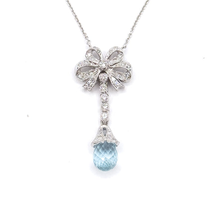 Aquamarine Briolette & Diamond Bow Necklace in 14K White Gold