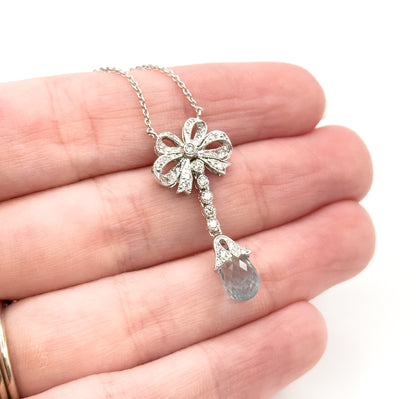 Aquamarine Briolette & Diamond Bow Necklace in 14K White Gold